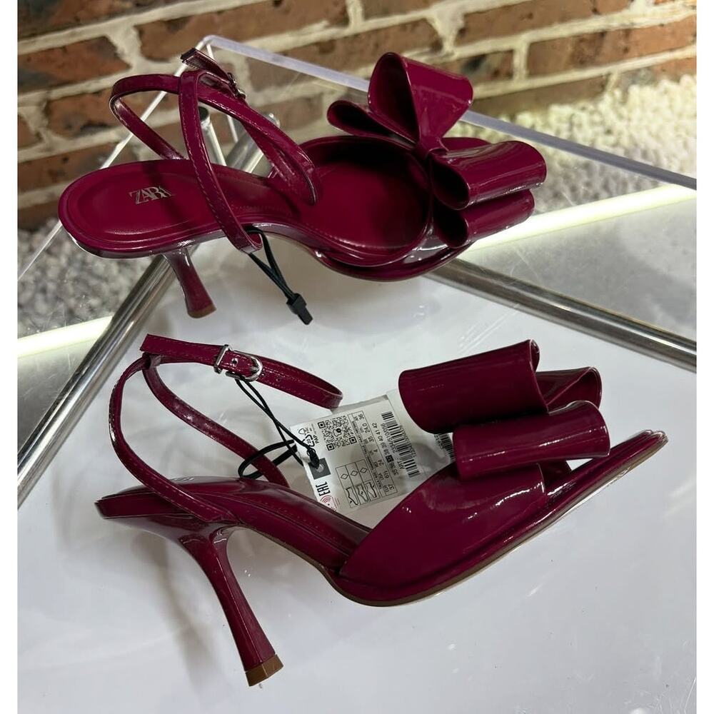 Zara NWT Red Patent Bow Strappy High Heel Sandals Size 8 - Picture 15 of 16